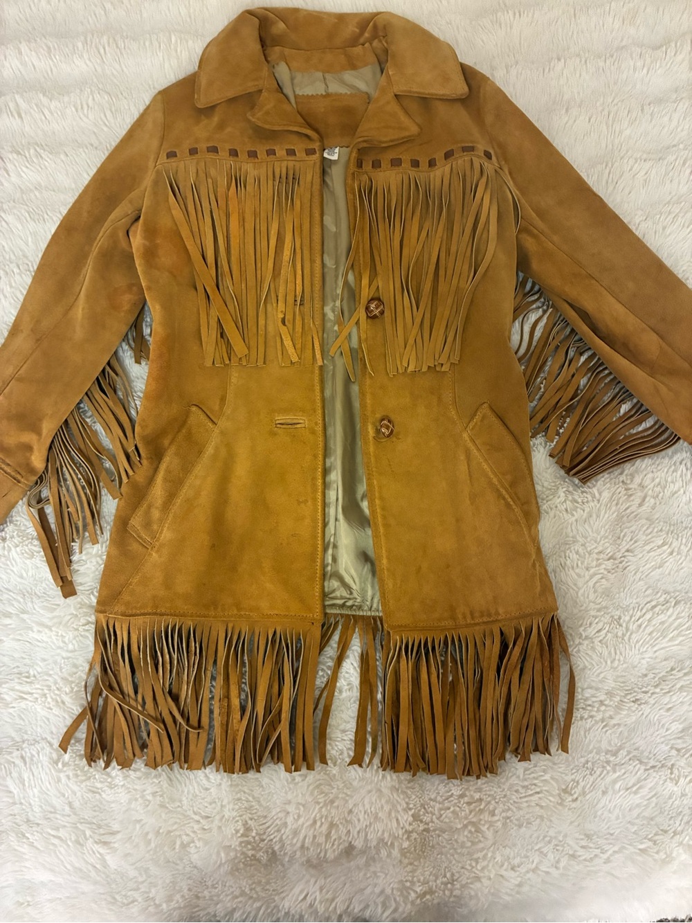Suede Fringe Coat in Cognac Brown Altman’s Shell Coat
